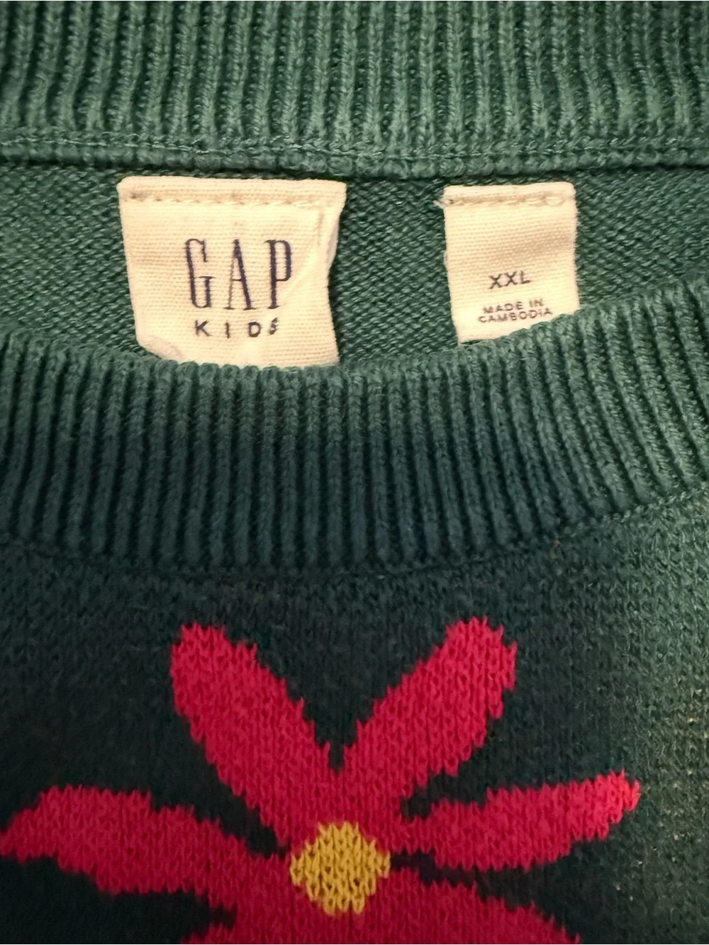 Dark Green Floral Crewneck Sweater with Pink Flowers Gap Kids